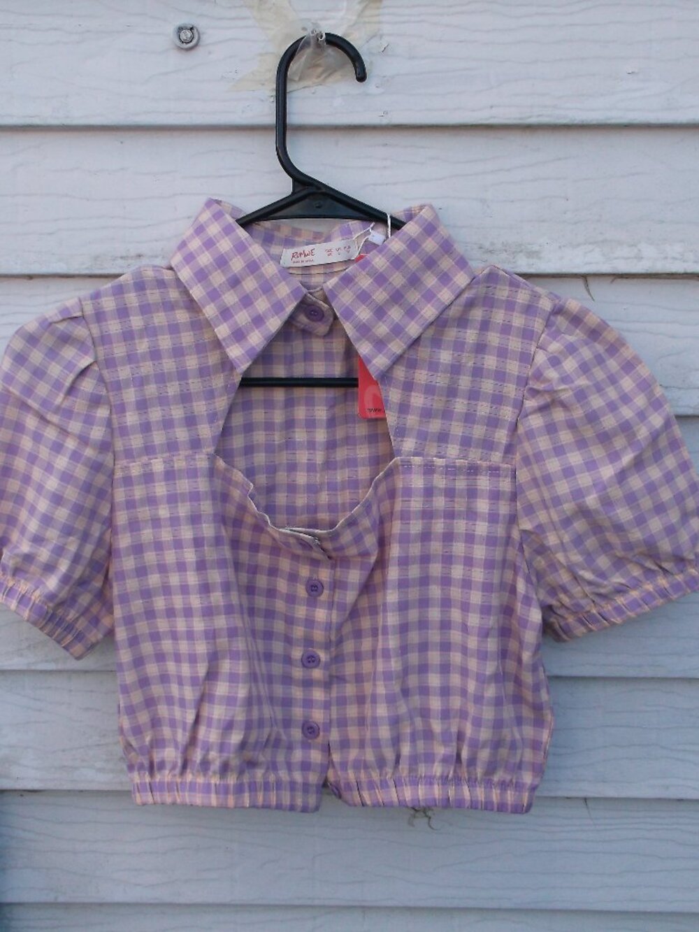 👕ROMWE Purple Gingham Cropped Button‑Front Blouse – Size 2, NWT - Picture 1 of 10